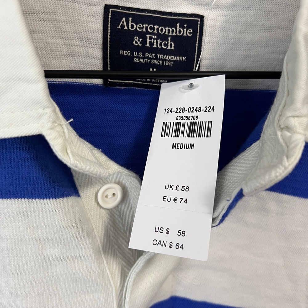 Abercrombie & Fitch Rugby Shirt Men M Blue White Striped Spellout Logo NWT - Picture 3 of 12